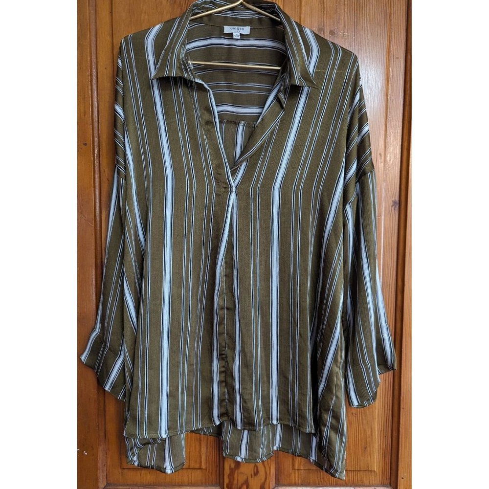 Umgee Top Womens Large Green White Striped Gauzy Oversized Tunic Blouse